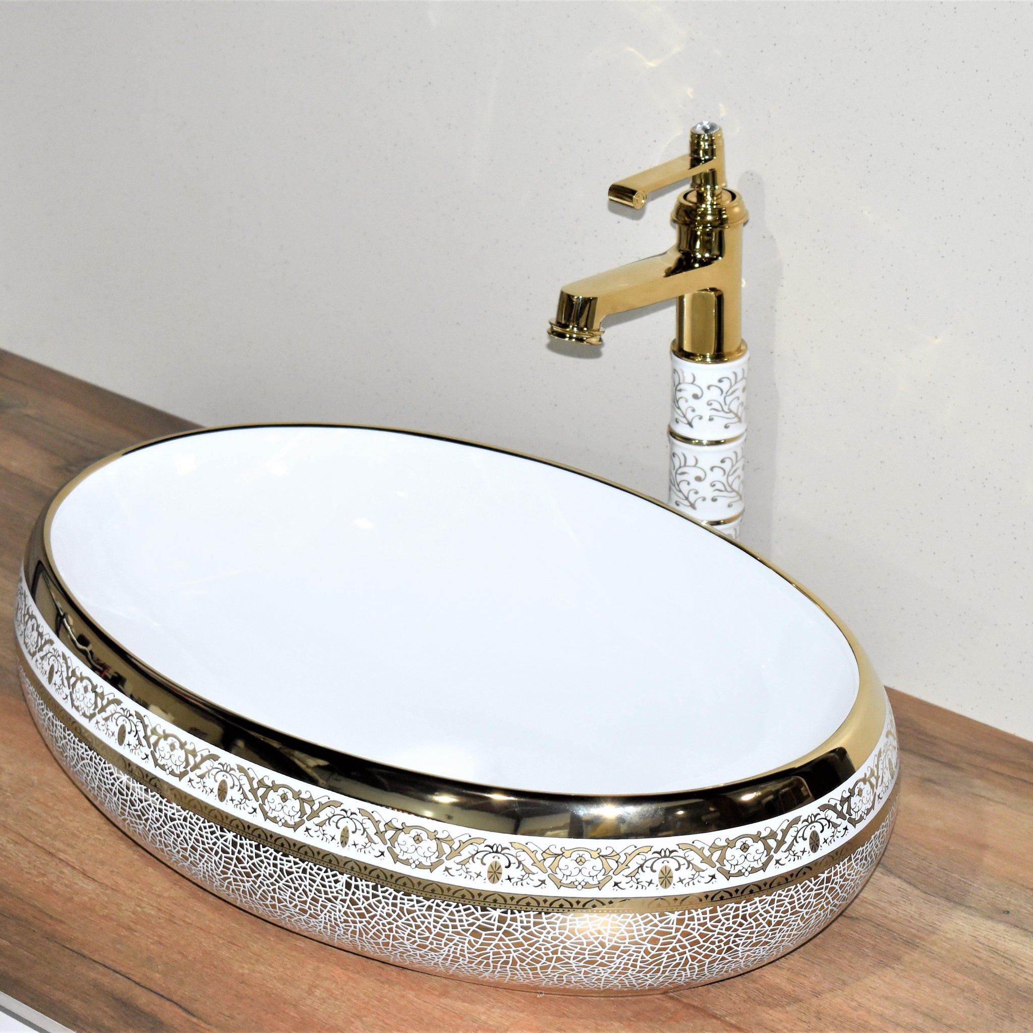 Ceramic Premium Desisgner Table Top Over Counter Vessel Sink Wash Basin for Bathroom 24 X 16 X 6 Inch Gold White Basin For Bathroom - Bath Outlet