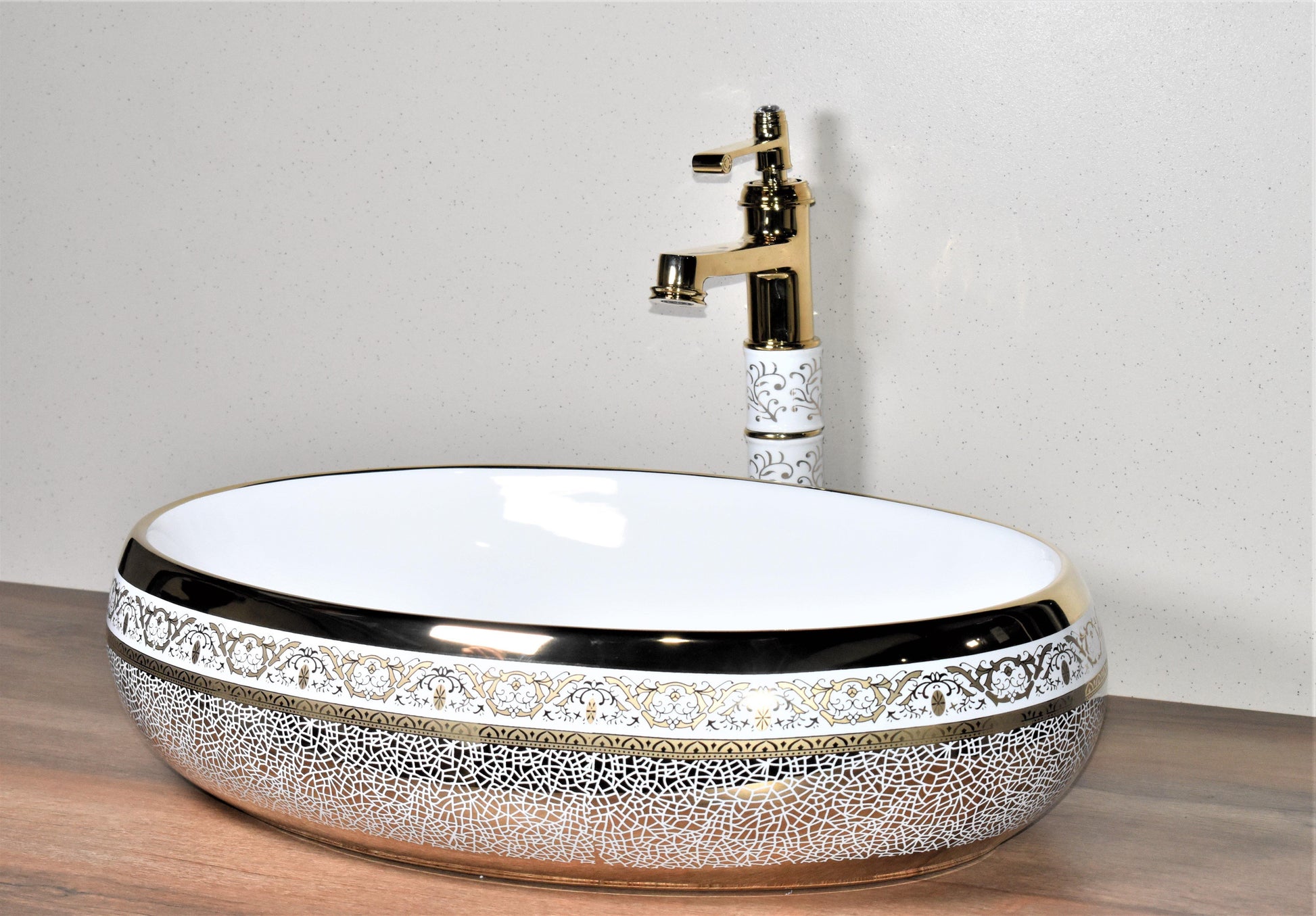 Ceramic Premium Desisgner Table Top Over Counter Vessel Sink Wash Basin for Bathroom 24 X 16 X 6 Inch Gold White Basin For Bathroom - Bath Outlet