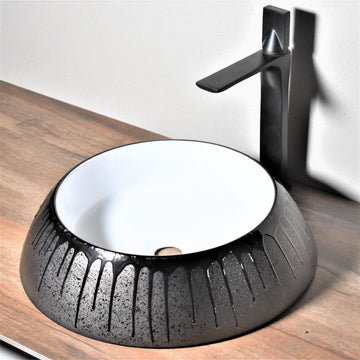 Ceramic Premium Desisgner Table Top Over Counter Vessel Sink Wash Basin for Bathroom 18 X 18 X 5 Inch Black White Basin For Bathroom - Bath Outlet