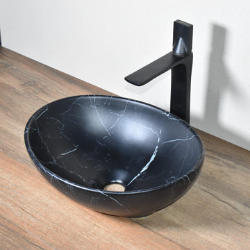 Ceramic Premium Designer Oval Shape Table Top Over Counter Vessel Sink Wash Basin for Bathroom 16 X 13 X 5.5 Inch Black Maat Basin For Bathroom - Bath Outlet