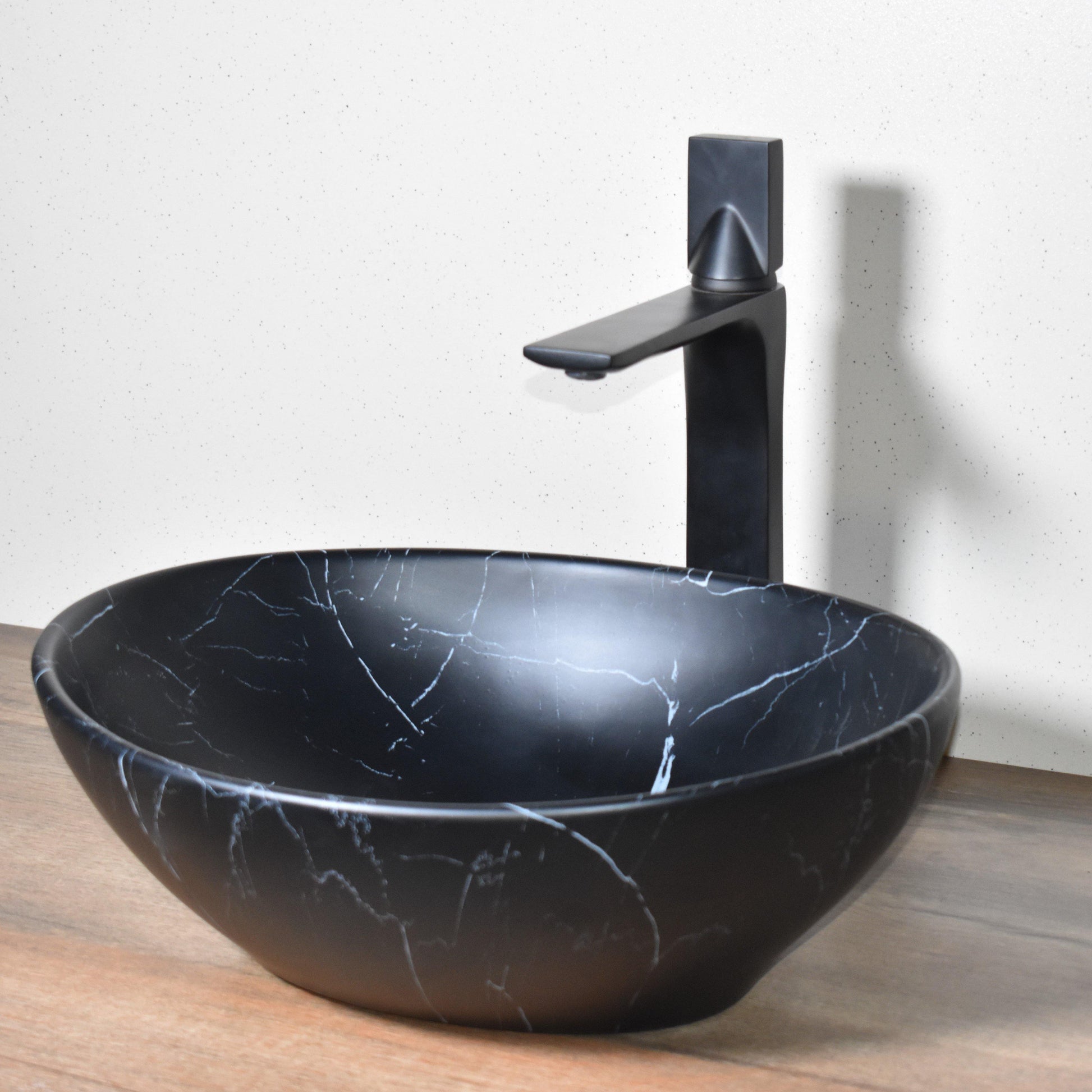 Ceramic Premium Designer Oval Shape Table Top Over Counter Vessel Sink Wash Basin for Bathroom 16 X 13 X 5.5 Inch Black Maat Basin For Bathroom - Bath Outlet