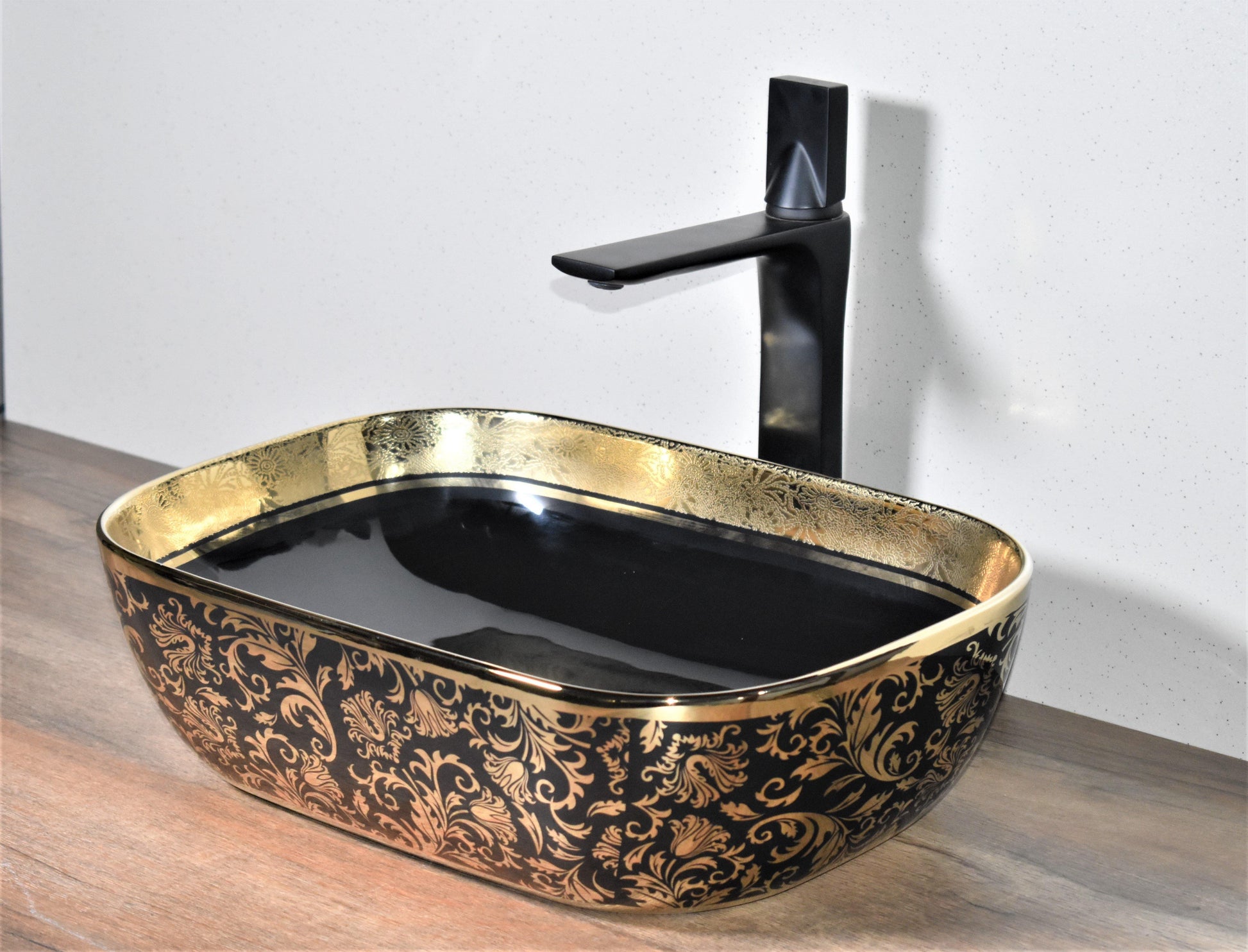 Ceramic Premium Designer Rectangle Shape Table Top Over Counter Vessel Sink Wash Basin for Bathroom 18 X 13 X 5.5 Inch Black Gold Basin For Bathroom - Bath Outlet