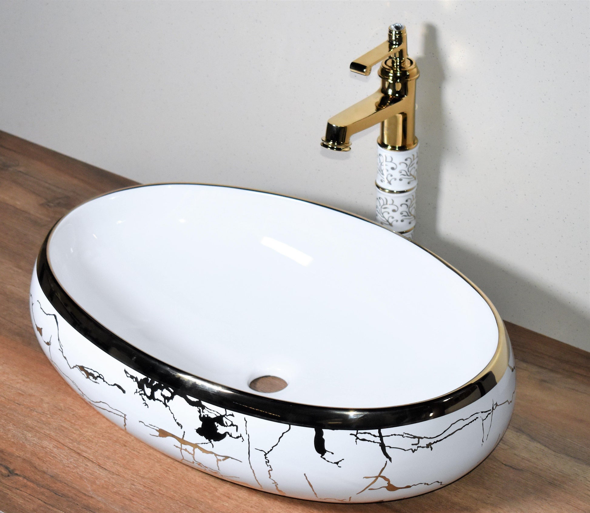 Ceramic Premium Designer Oval Shape Table Top Over Counter Vessel Sink Wash Basin for Bathroom 24 X 16 X 6 Inch Gold White Basin For Bathroom - Bath Outlet