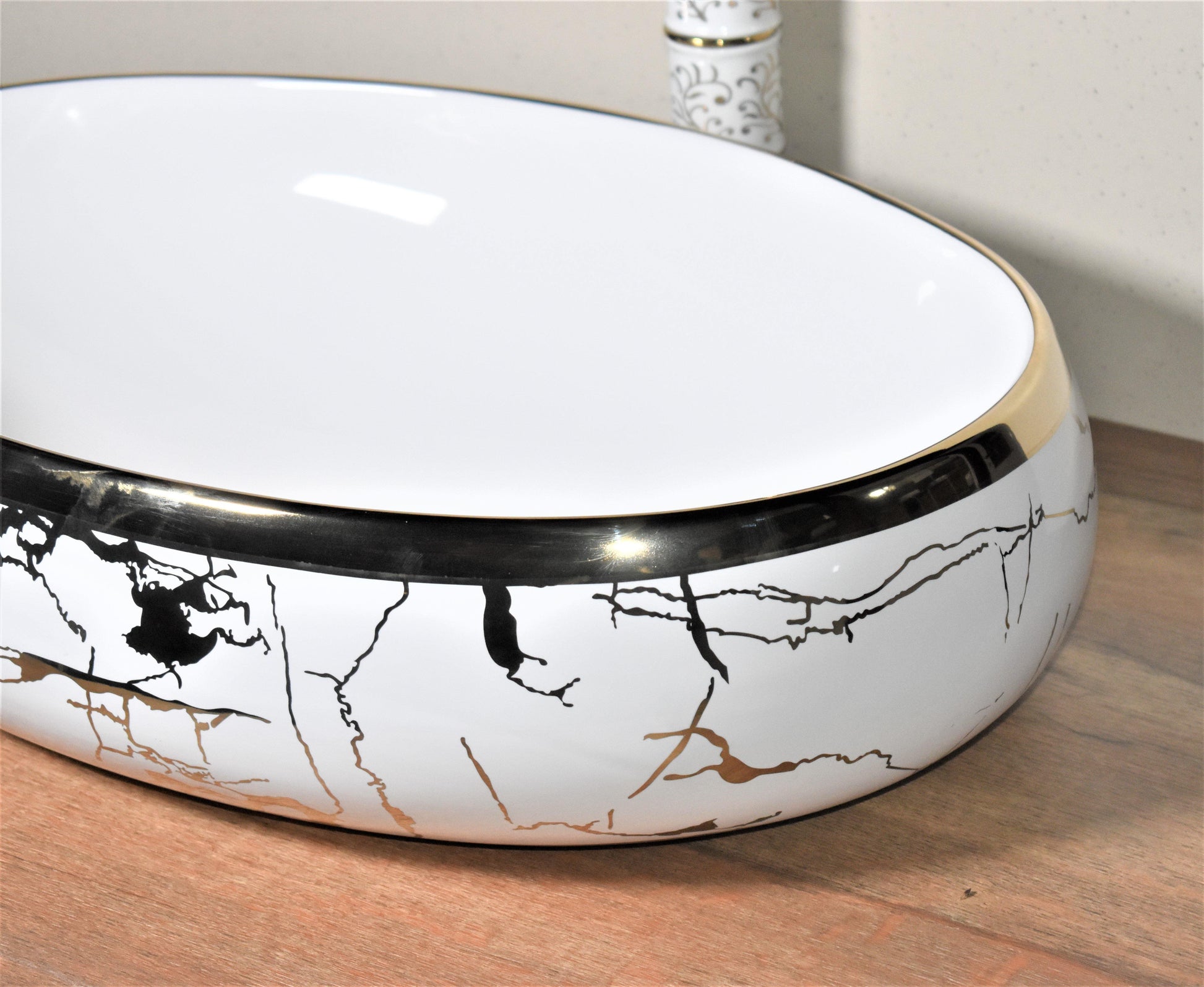 Ceramic Premium Designer Oval Shape Table Top Over Counter Vessel Sink Wash Basin for Bathroom 24 X 16 X 6 Inch Gold White Basin For Bathroom - Bath Outlet