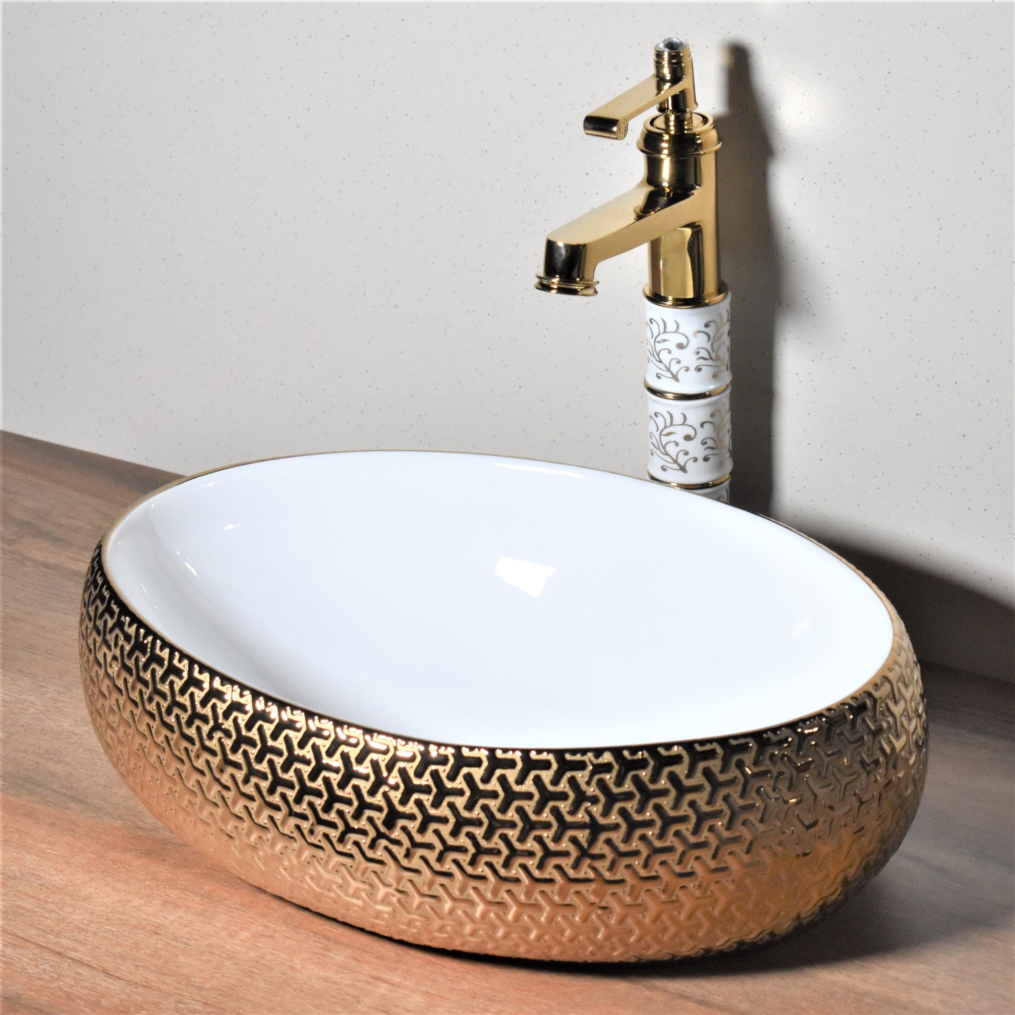Ceramic Premium Designer Oval Shape Table Top Over Counter Vessel Sink Wash Basin for Bathroom 18 X 13 X 5.5 Inch Gold White Basin For Bathroom - Bath Outlet