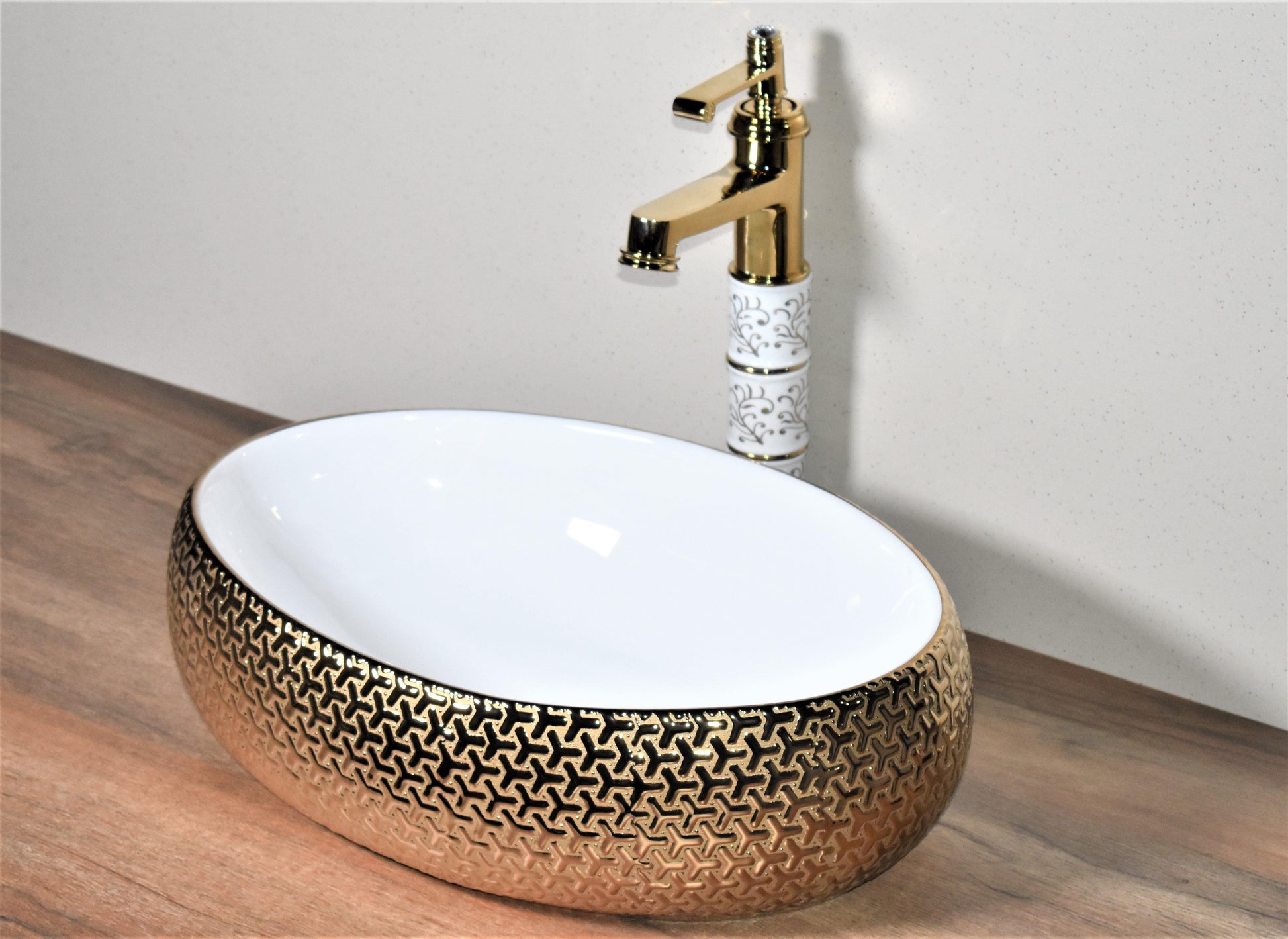 Ceramic Premium Designer Oval Shape Table Top Over Counter Vessel Sink Wash Basin for Bathroom 18 X 13 X 5.5 Inch Gold White Basin For Bathroom - Bath Outlet