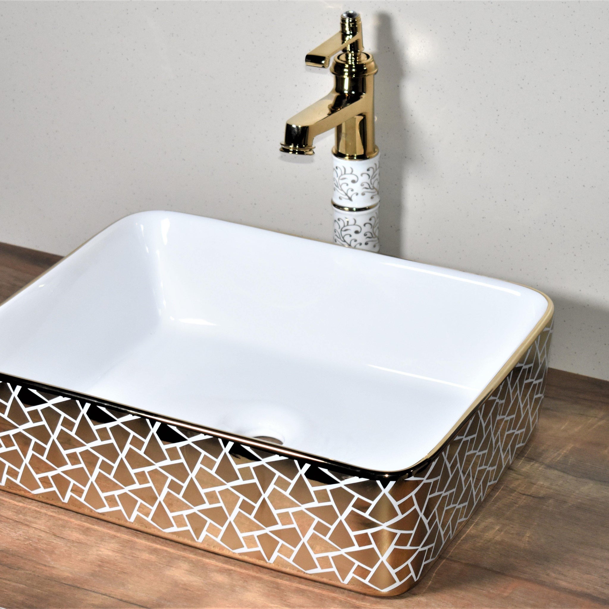 Ceramic Premium Designer Table Top Over Counter Vessel Sink Wash Basin for Bathroom 19 X 15 X 5.5 Inch Gold White Basin For Bathroom - Bath Outlet