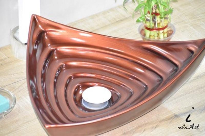 Designer Ceramic Wash Basin Vessel Sink Over or Above Counter Top Wash Basin for Bathroom Triangle Shape Antique Copper Color 18 x 17 x 5.5 Inch - Bath Outlet