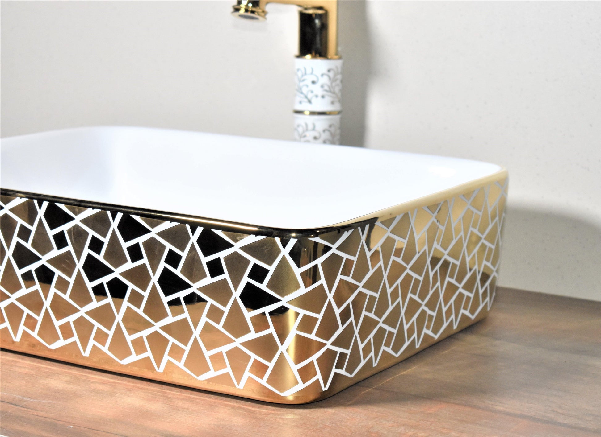Ceramic Premium Designer Table Top Over Counter Vessel Sink Wash Basin for Bathroom 19 X 15 X 5.5 Inch Gold White Basin For Bathroom - Bath Outlet