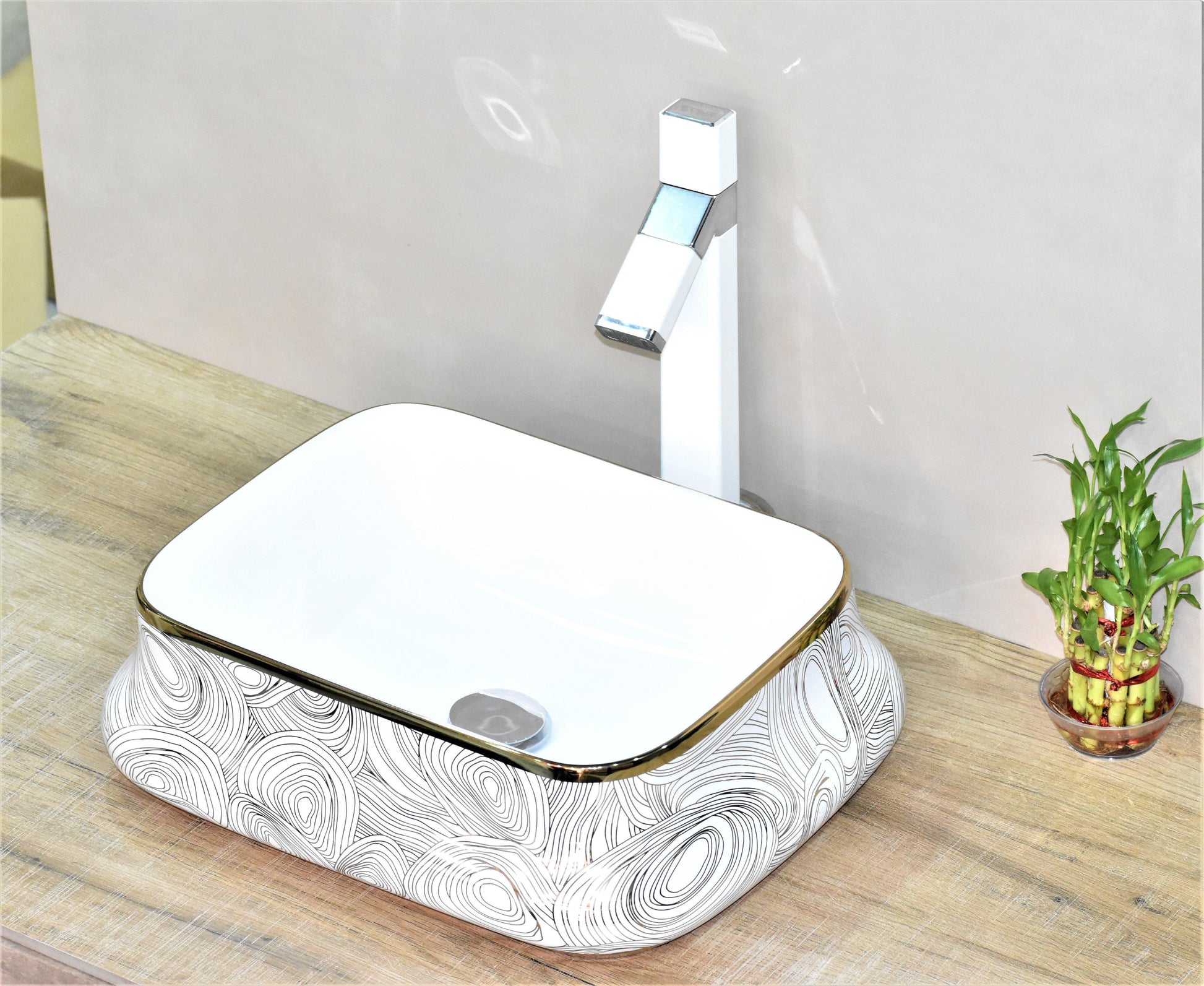 Ceramic Wash Basin Vessel Sink Over or Above Counter Top Wash Basin for Bathroom Rectangle Shape Golden White 18 x 14 x 5.5 Inch - Bath Outlet