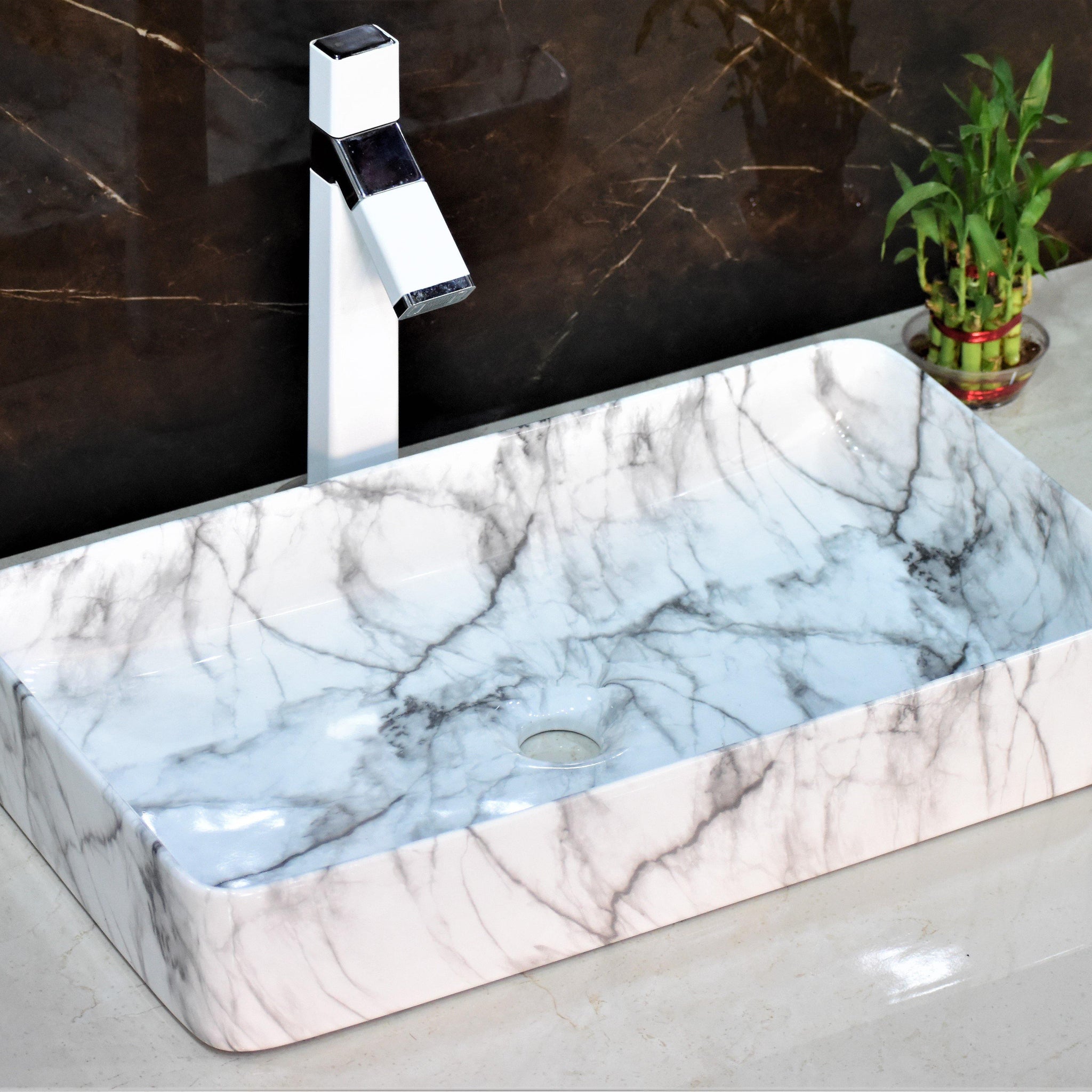 Ceramic Premium Desisgner Table Top Over Counter Vessel Sink Wash Basin for Bathroom 24 x 14 x 4.5 Inch Rectangle Shape White Marble - Bath Outlet