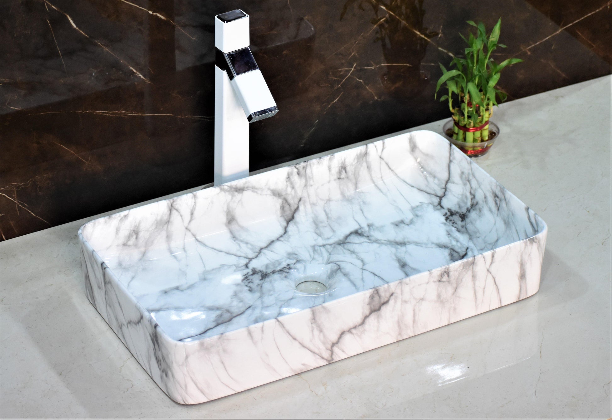 Ceramic Premium Desisgner Table Top Over Counter Vessel Sink Wash Basin for Bathroom 24 x 14 x 4.5 Inch Rectangle Shape White Marble - Bath Outlet