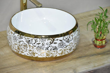 B Backline Ceramic Table Top, Counter Top Wash Basin Gold 40 x 40 CM