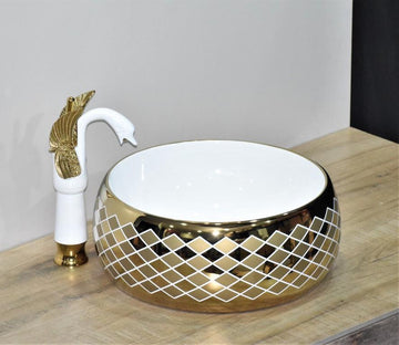 B Backline Ceramic Table Top, Counter Top Wash Basin Gold White 16 X 16 X 5 Inches