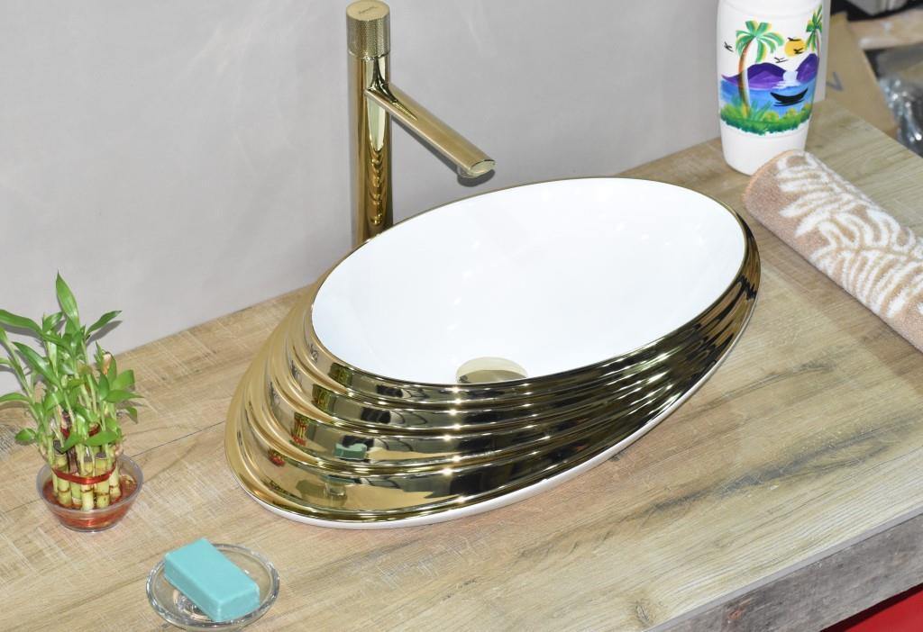 Table Top Premium Designer Ceramic Wash Basin/Vessel Oval Golden Designer for Bathroom 20 x 15 x 6 Inch (Gold Color) - Bath Outlet