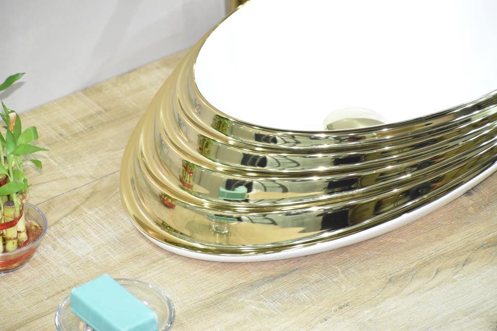 Table Top Premium Designer Ceramic Wash Basin/Vessel Oval Golden Designer for Bathroom 20 x 15 x 6 Inch (Gold Color) - Bath Outlet