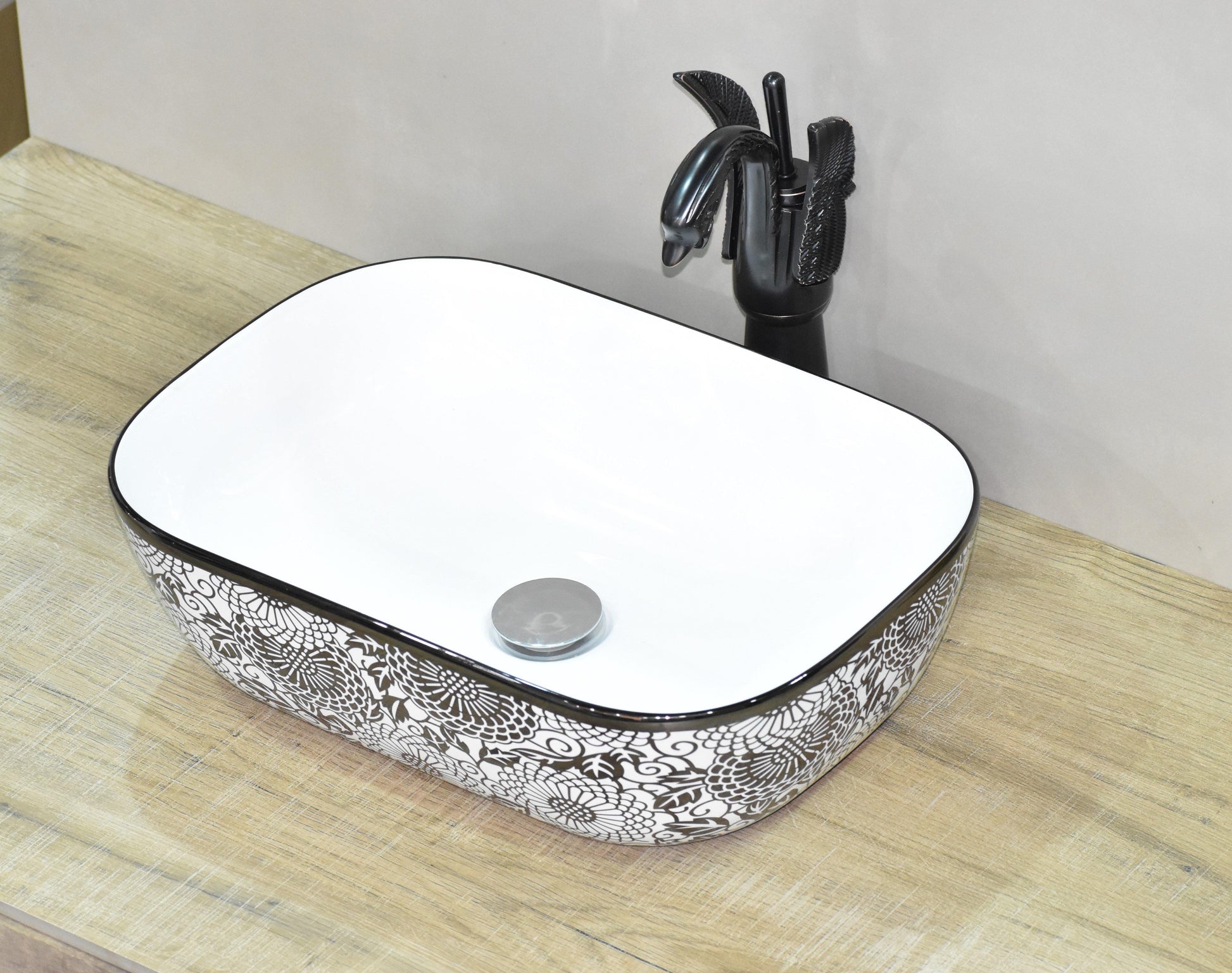 Designer Ceramic Wash Basin/Vessel Sink/Over or Above Counter Top Wash Basin for Bathroom Rectangle Shape 18 x 13 x 5.5 Inch Black White - Bath Outlet