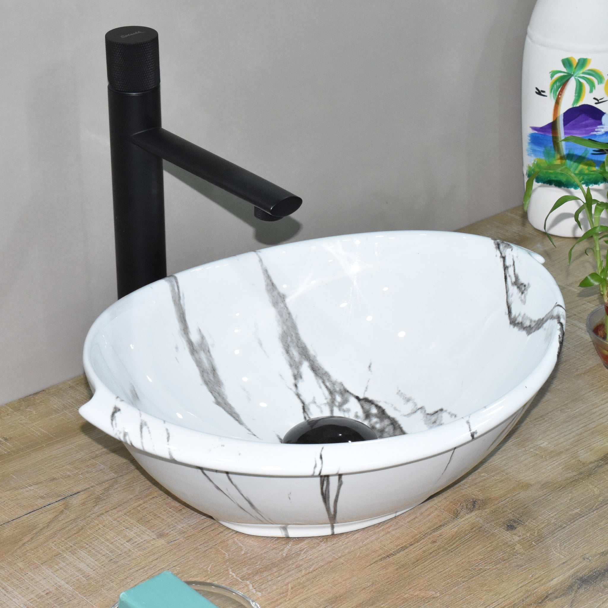 B Backline Ceramic Table Top, Counter Top Wash Basin 41 x 32 CM Grey