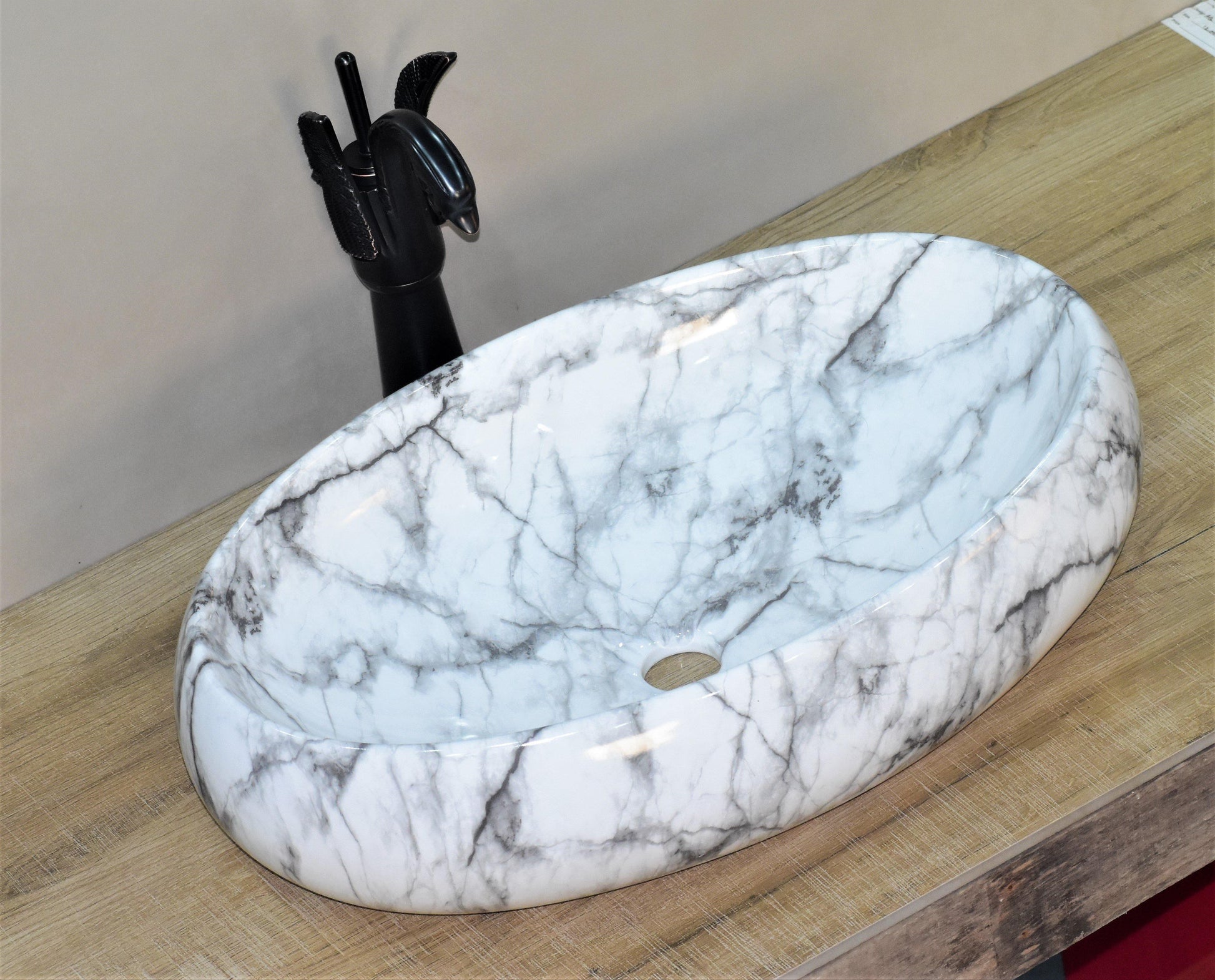Ceramic Premium Designer Table Top Over Counter Vessel Sink Wash Basin for Bathroom 23 x 15 x 6 Inch Oval Shape in White Color Marble Pattern - Bath Outlet