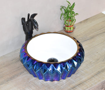 B Backline Ceramic Table Top, Counter Top Wash Basin 16 x 16 Inch Blue