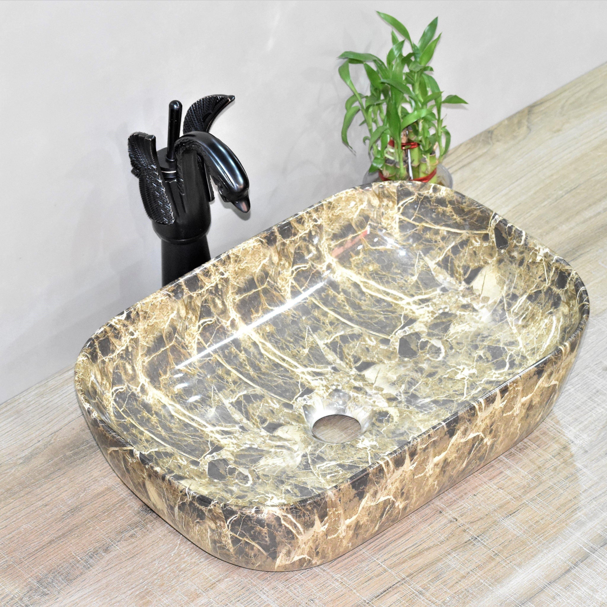 Designer Ceramic Wash Basin/Vessel Sink/Over or Above Counter Top Wash Basin for Bathroom Rectangle Shape 18 x 13 x 5.5 Inch Brown Marble - Bath Outlet