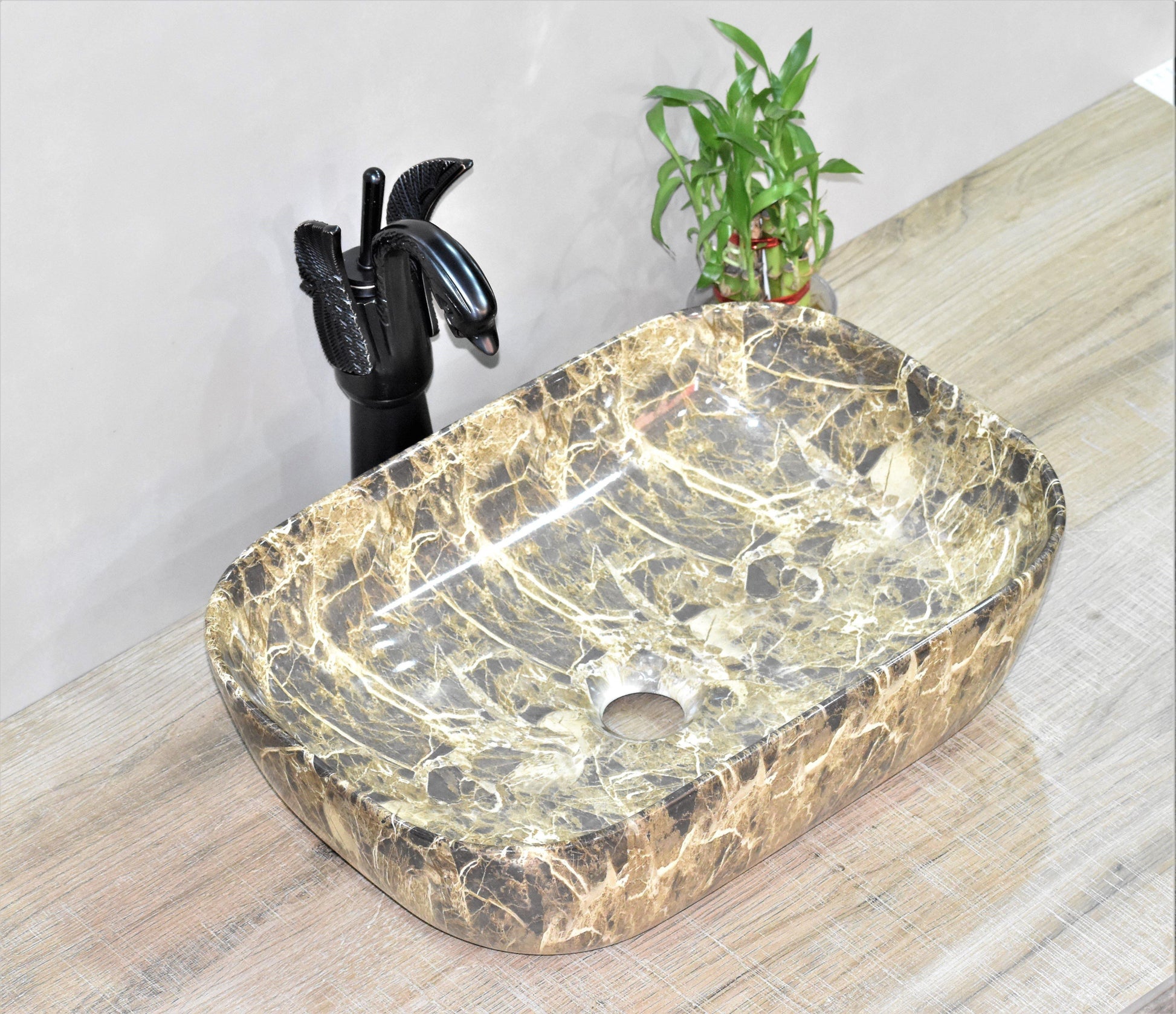 Designer Ceramic Wash Basin/Vessel Sink/Over or Above Counter Top Wash Basin for Bathroom Rectangle Shape 18 x 13 x 5.5 Inch Brown Marble - Bath Outlet