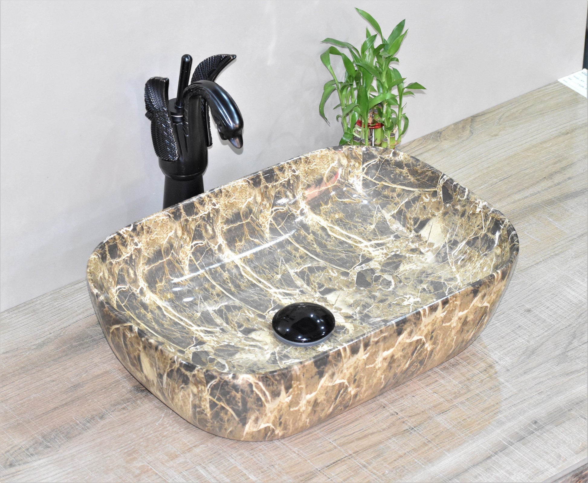 Designer Ceramic Wash Basin/Vessel Sink/Over or Above Counter Top Wash Basin for Bathroom Rectangle Shape 18 x 13 x 5.5 Inch Brown Marble - Bath Outlet