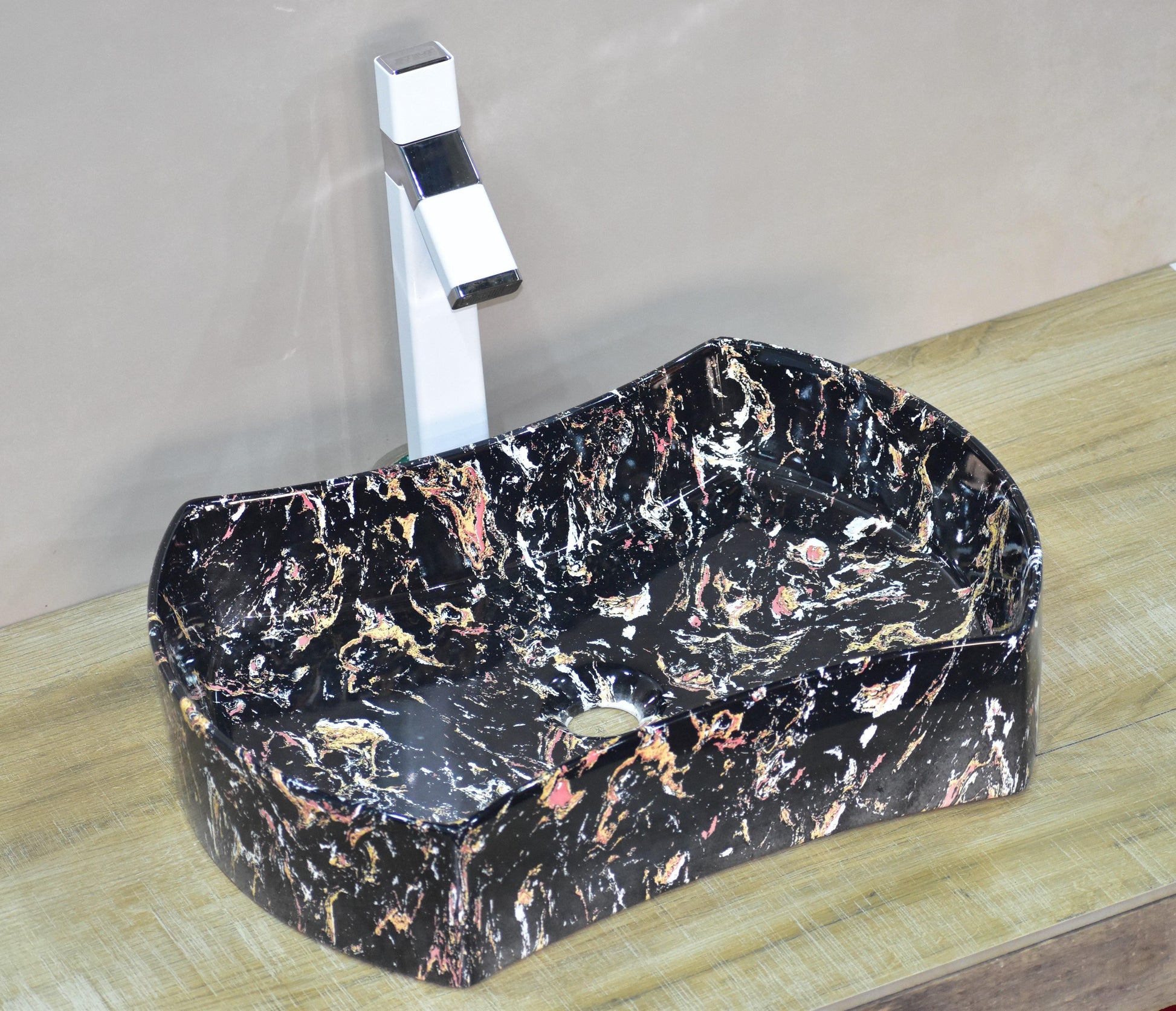 Ceramic Premium Designer Table Top Over Counter Vessel Sink Wash Basin for Bathroom 21 x 15 x 5 Inch in Black Color - Bath Outlet