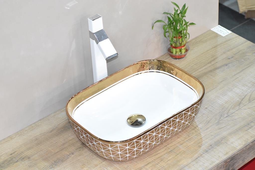 Designer Ceramic Wash Basin/Vessel Sink/Over or Above Counter Top Wash Basin for Bathroom Round Shape Golden White 18 x 13 x 5.5 Inch Gold White Line - Bath Outlet