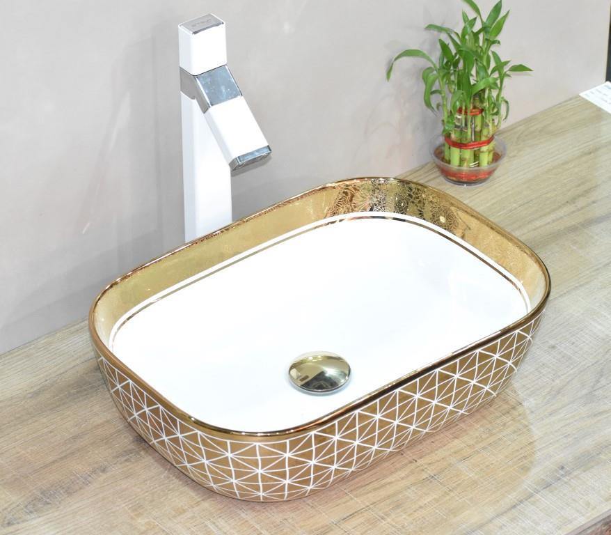Designer Ceramic Wash Basin/Vessel Sink/Over or Above Counter Top Wash Basin for Bathroom Round Shape Golden White 18 x 13 x 5.5 Inch Gold White Line - Bath Outlet