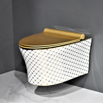 Ceramic Commode Wall Mount/Wall Hung Western Toilet/Commode/Water Closet/EWC/WC/European Commode with Soft Close Seat Cover in Gold Color - Bath Outlet