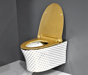 Ceramic Commode Wall Mount/Wall Hung Western Toilet/Commode/Water Closet/EWC/WC/European Commode with Soft Close Seat Cover in Gold Color - Bath Outlet