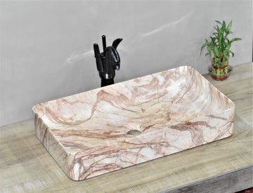 Ceramic Premium Desisgner Table Top Over Counter Vessel Sink Wash Basin for Bathroom 24 x 14 x 4.5 Inch Rectangle Shape Saffron Marble - Bath Outlet