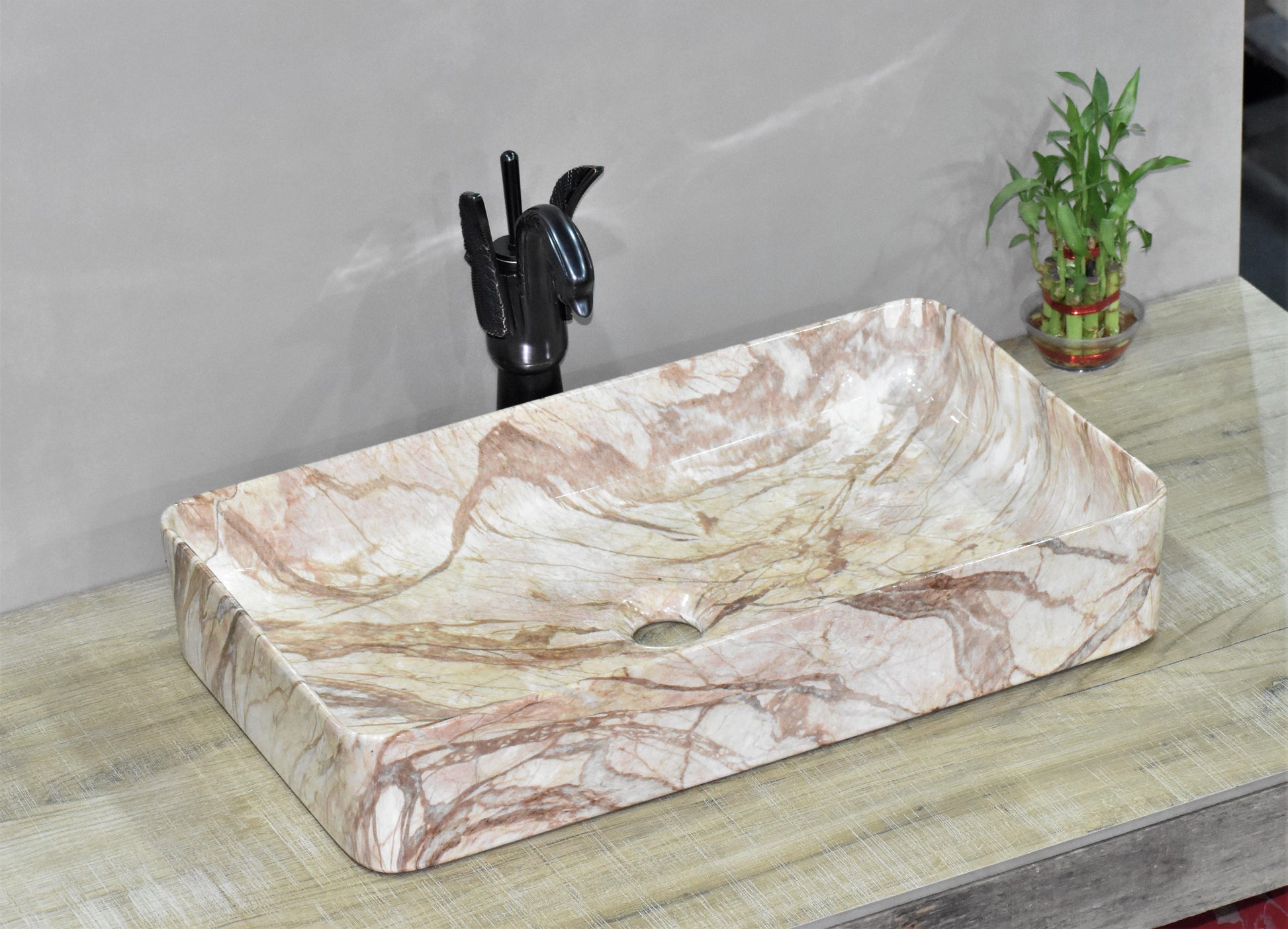 Ceramic Premium Desisgner Table Top Over Counter Vessel Sink Wash Basin for Bathroom 24 x 14 x 4.5 Inch Rectangle Shape Saffron Marble - Bath Outlet