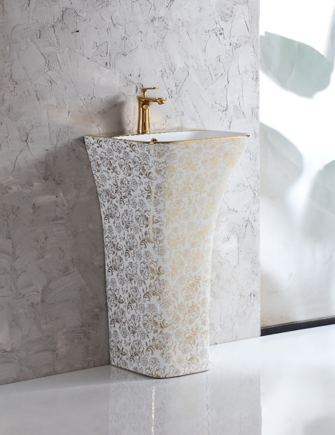B Backline Ceramic Free Standing Pedestal Wash Basin For Livingroom & Bathroom 18 x 18 Inch Gold White