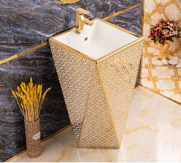 B Backline Ceramic Pedestal Wash Basin Rectangle 18 x 18 x 34 Inch Gold
