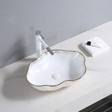B Backline Ceramic Table Top, Counter Top Wash Basin 20 X 15 X 5 Inch Gold White