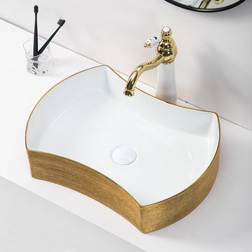 B Backline Ceramic Table Top, Counter Top Wash Basin 21 X 15 X 5 Inch (Gold White)