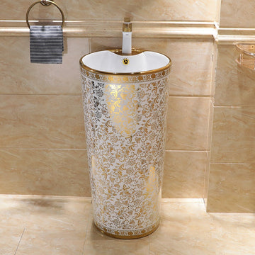 B Backline Ceramic Pedestal Free Standing Wash Basin Round 16 x 16 x 32 Inch White Gold