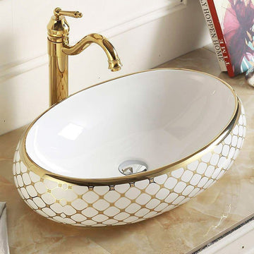 B Backline Ceramic Table Top Wash Basin 60x40 cm Gold White (Model 23)