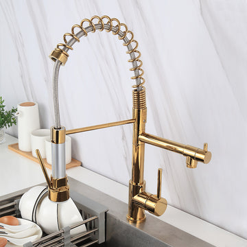 B Backline Brass Single Lever Sink Mixer 360° Rotatable Pull-Down Sprayer Kitchen Faucet with Multi-Function Tap Gold