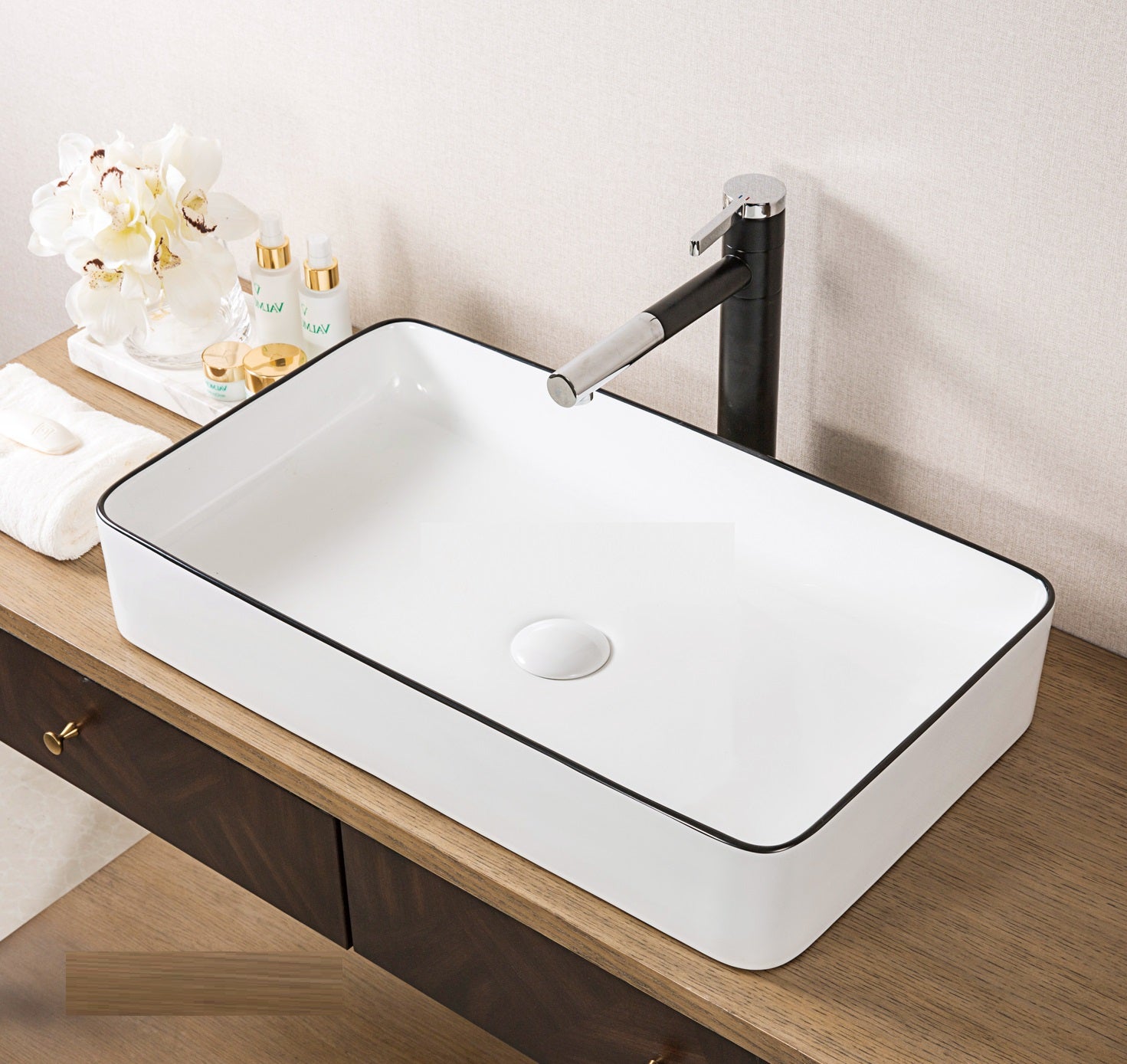 B Backline Ceramic Table Top, Counter Top Wash Basin 24 X 14 X 5 Inch Black White