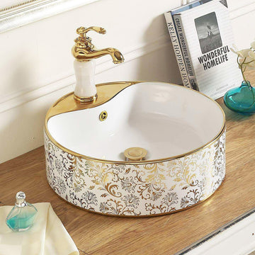 B Backline Ceramic Table Top, Counter Top Wash Basin 16 X 16 X 6 Inches Gold White