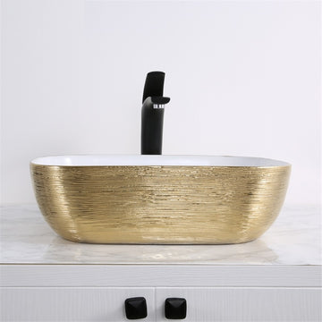 B Backline Ceramic Table Top, Counter Top Wash Basin 18 X 13 X 5.5 Inch Gold White