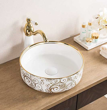 B Backline Ceramic Table Top basin 36x36 cm Gold White