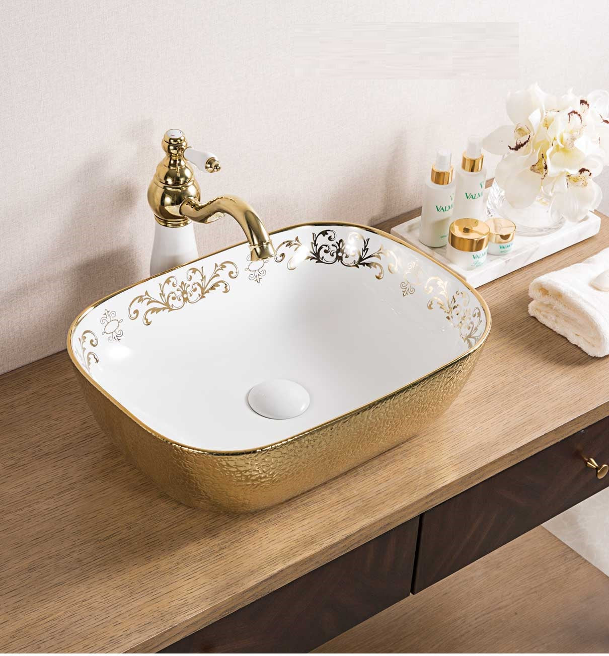 B Backline Ceramic Table Top, Counter Top Wash Basin 18 X 13 X 5.5 Inch Gold White