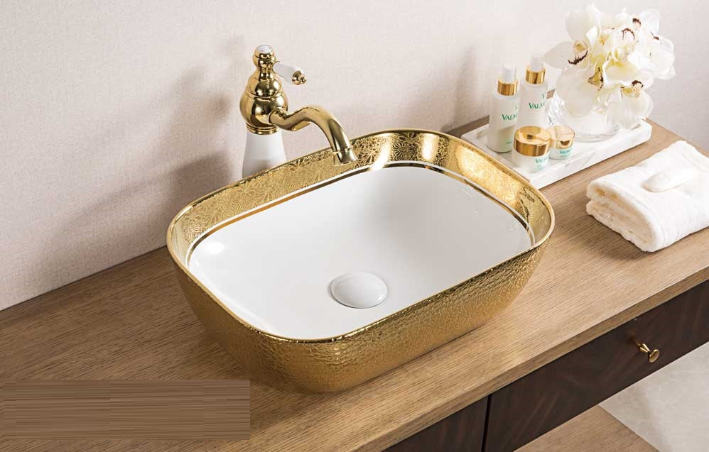 B Backline Ceramic Table Top Wash Basin 46x32 cm Gold White