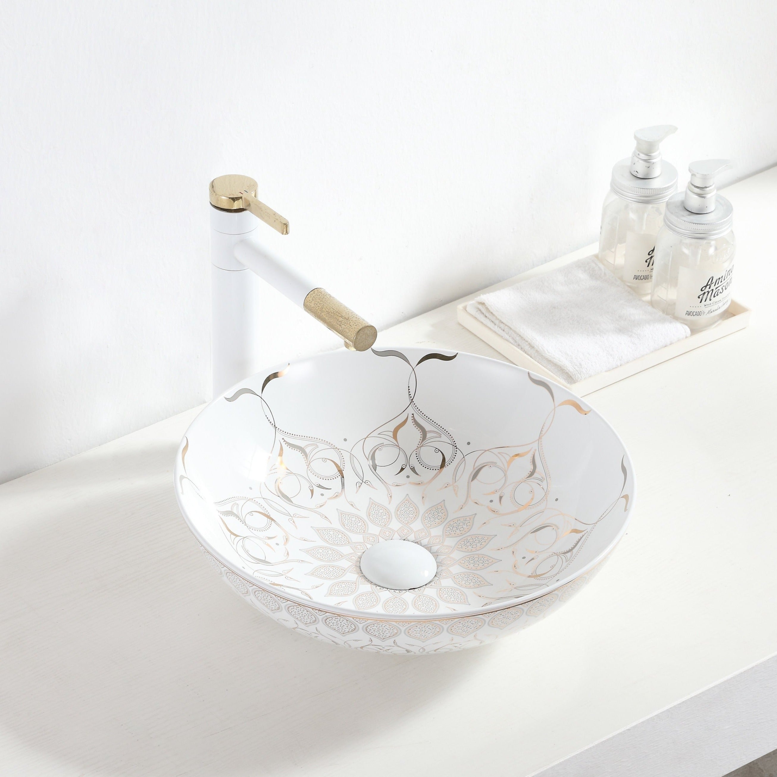 B Backline Ceramic Table Top, Counter Top Wash Basin Moroccan Design White 16 x 16 x 5 Inch