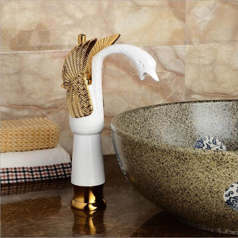 Buy Brass Wash Basin Hot & Cold Basin Mixer Swan Tap Gold Color at Bathoutlet.in