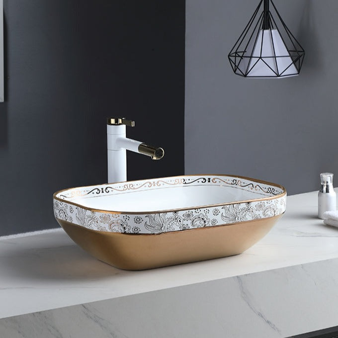 B Backline Ceramic Table Top, Counter Top Wash Basin 22 X 14 X 5 Inch White Rosegold